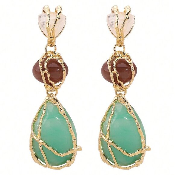 Women's Boho Statement Resin Stone Long Dangle Earrings - Picture 3 of 4